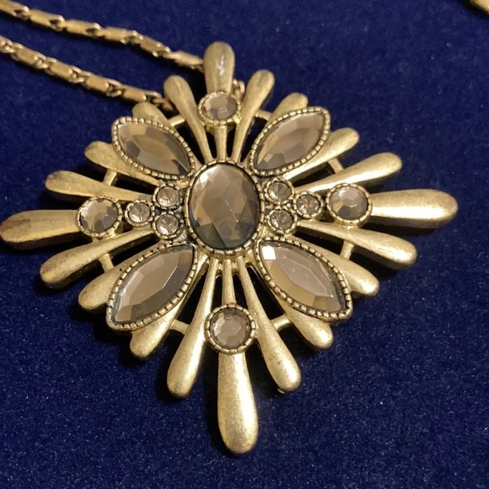 Lia Sophia brass tone and gray crystal pendant necklace